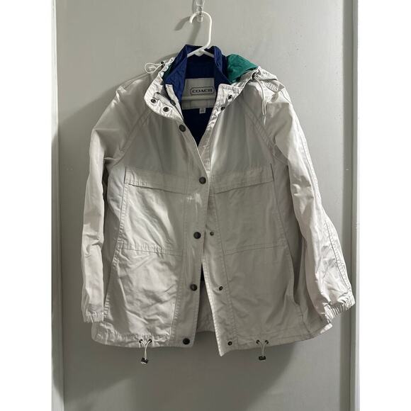 🔴Coach Parka Jacket Ivory White Hooded Rain‎ Jacket Coat size Small - Picture 1 of 7